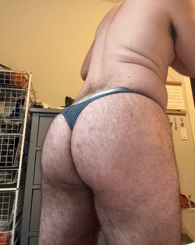 Hairy, thick butt wearing a navy blue thong 