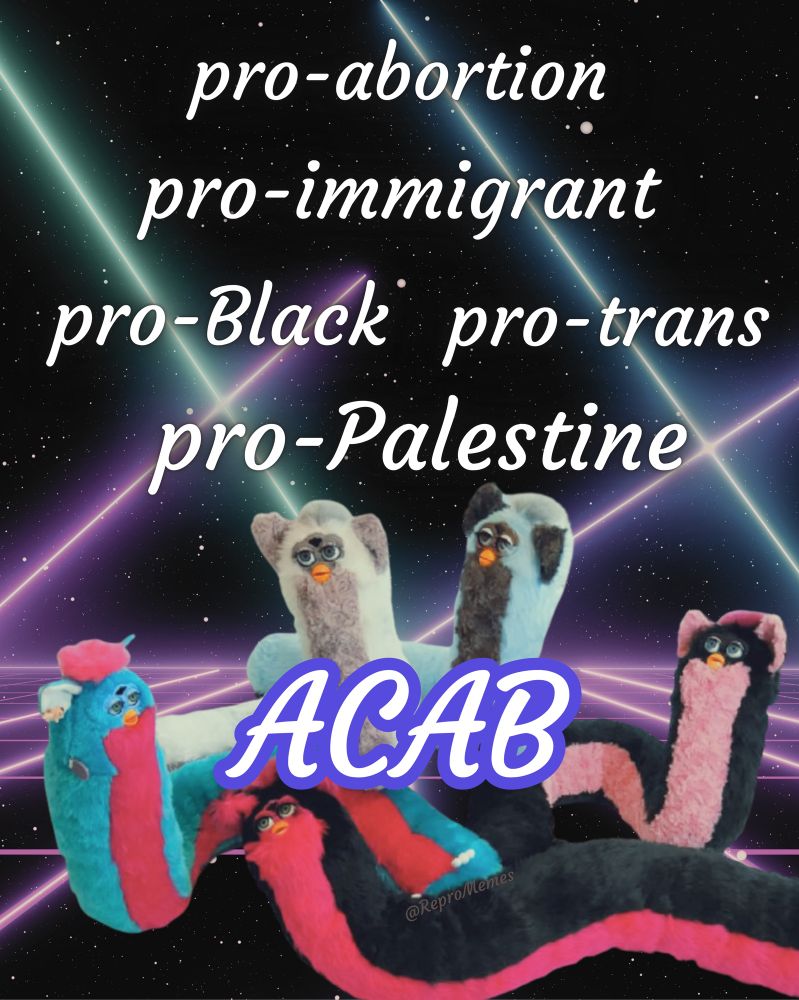 Many multicolored Furbys with long bodies are sitting in a clump against a retro 80s wave background with this list overlaid: pro-abortion, pro-immigrant, pro-Black, pro-trans, pro-Palestine, and ACAB