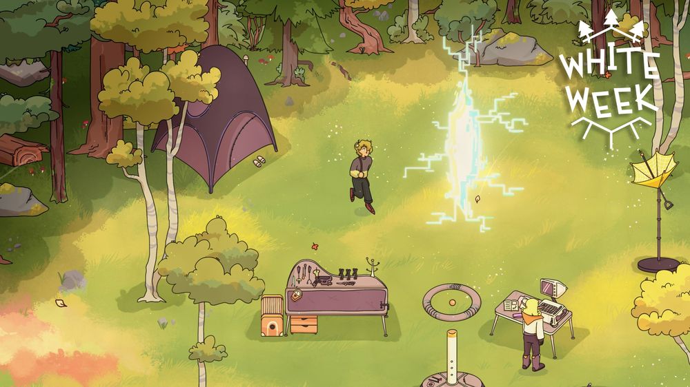 Screenshot of the world. In a large meadow, Roland stands next to a strange rift. In front, Yuna is working on a futuristic computer.