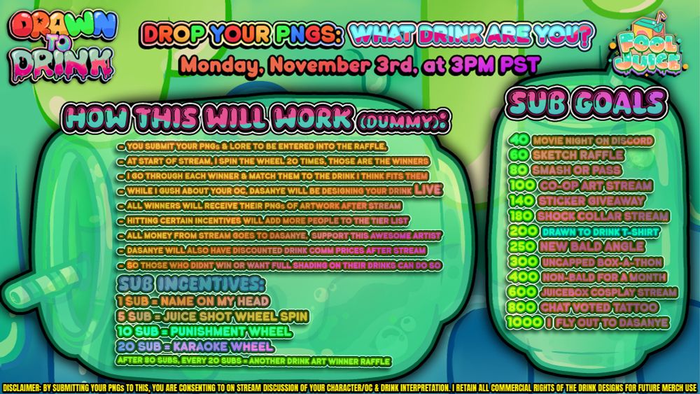 ALL RULES AND INFORMATION ON FOOL JUICE'S DRAWN TO DRINK EVENT INCLUDING THE SUB GOALS, RULES, GUIDELINES, AND MORE. 