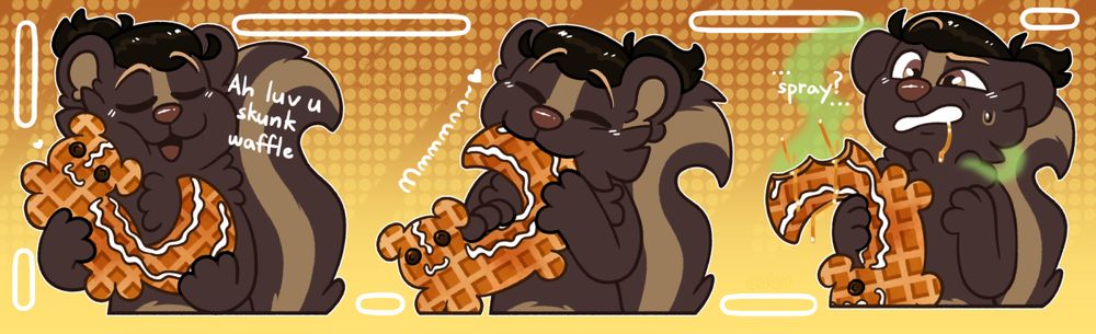 telegram stickers of an anthro skunk biting into a skunk-shaped waffle and tasting spray