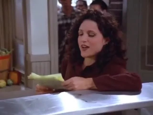 Elaine Benes reading the Soup Nazi's soup recipes on Seinfeld. 