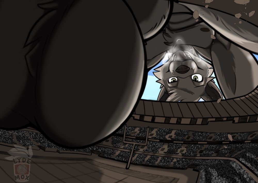 Massive fox looms over stadium with sheath over field. 