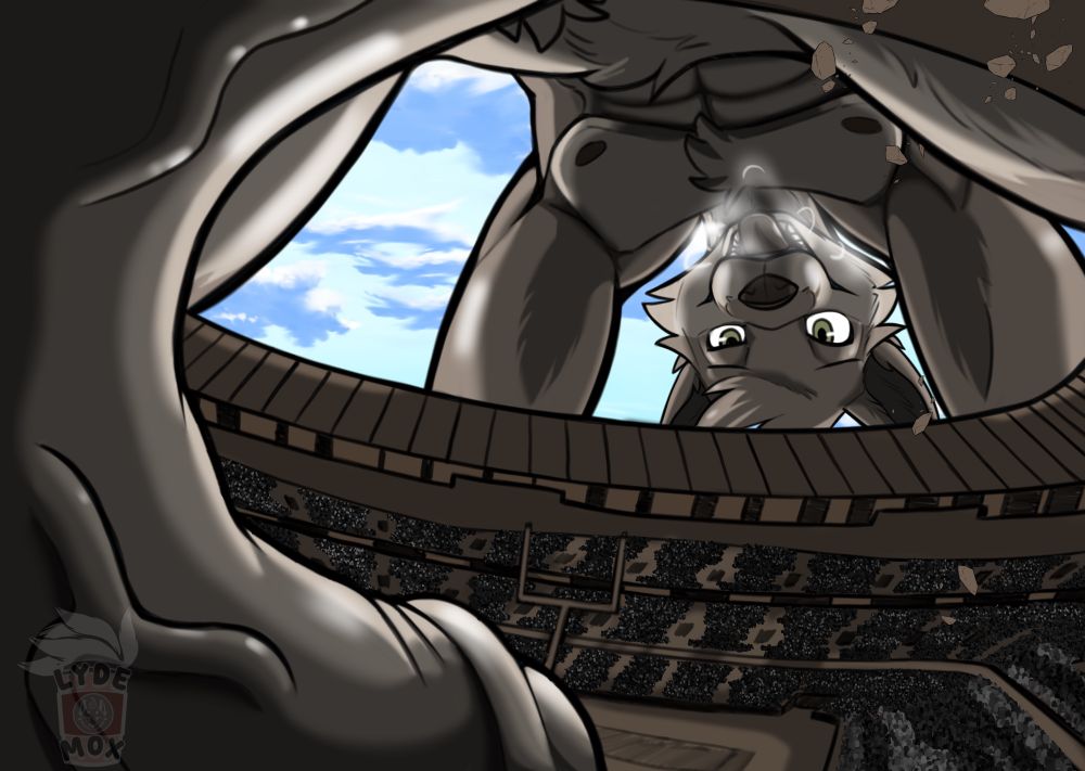 Massive fox looms over stadium with dick in field. 