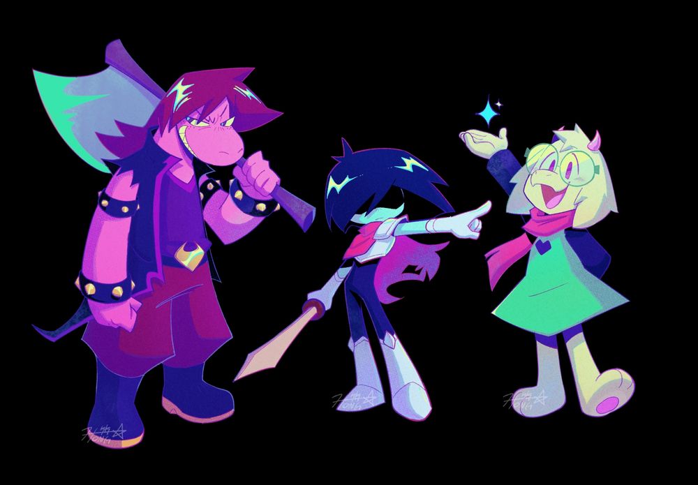 (From left to right) Susie, Kris, and Ralsei from Deltarune.

Susie is a purplish pink alligator/dinosaur humanoid with purple spikey hair that goes to shoulder length. She is tall and bulkier with sharp yellow teeth, curled into a smile. She holds an axe in her left hand, looking off to the left with a rebellious look on her face.

Kris is a blue human with dark blue bob-length hair and is wearing silver armor on their chest, left shoulder, arms and legs. They don a torn magenta cape and weilds an orange sword. They stand with their left arm pointing off to screen right, their eyes are covered by shadow.

Ralsei is a goat-like humanoid with white fur, pink eyes, and green glasses. He has pink horns and fluffy tufts of hair on his head and ears. He wears a magenta scarf, a green dress, and a black long sleeve shirt underneath. He is holding his right arm up, a sparkle floating right above his palm.