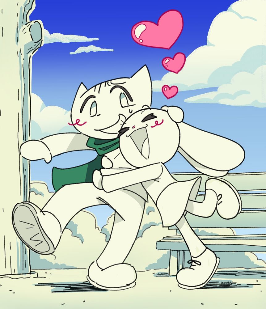 Doki (white rabbit with a long sleeved shirt and skirt and pink collar) and Nabi (white cat with long sleeve shirt and pants and a green scarf) from There She Is!
Doki is hugging Nabi, hearts floating around them. Nabi is happy, but trying to keep his balance.