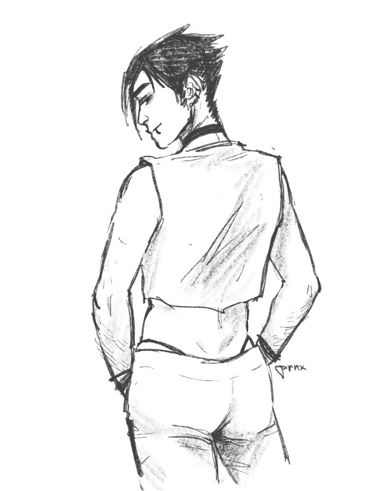 a sketch of my oc julian from behind as he looks over his shoulder at the viewer. he is wearing a loose crop top, tight jeans and a thong whose strings peek out at his hips. 