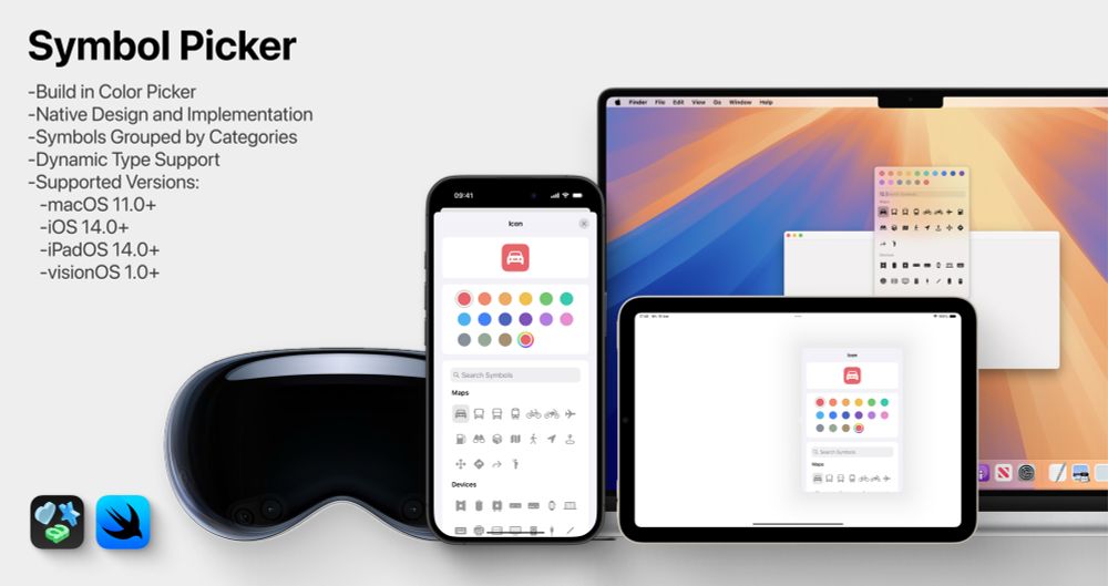 A promotional image for Symbol Picker showing the app interface on multiple Apple devices. The left side lists features: built-in color picker, native design, categorized symbols, dynamic type support, and compatibility with macOS 11.0+, iOS 14.0+, iPadOS 14.0+, and visionOS 1.0+. The right displays the app running on iPhone, iPad, and Mac, with the interface showing symbol categories, search functionality, and color selection options. The Vision Pro headset is visible in the background. Two app icons appear in the bottom left corner.
