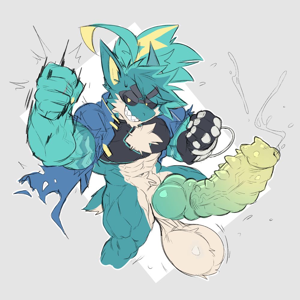 Picture of a gremlin from spiral knights, with clear muscles, a ripped coat, and a tech glove with a cable on it. He is doing a punch in the air, as his long hard cock spurts streams of pre into the air. His balls are also swinging around, and hes grinning at the viewer. This picture is coloured.