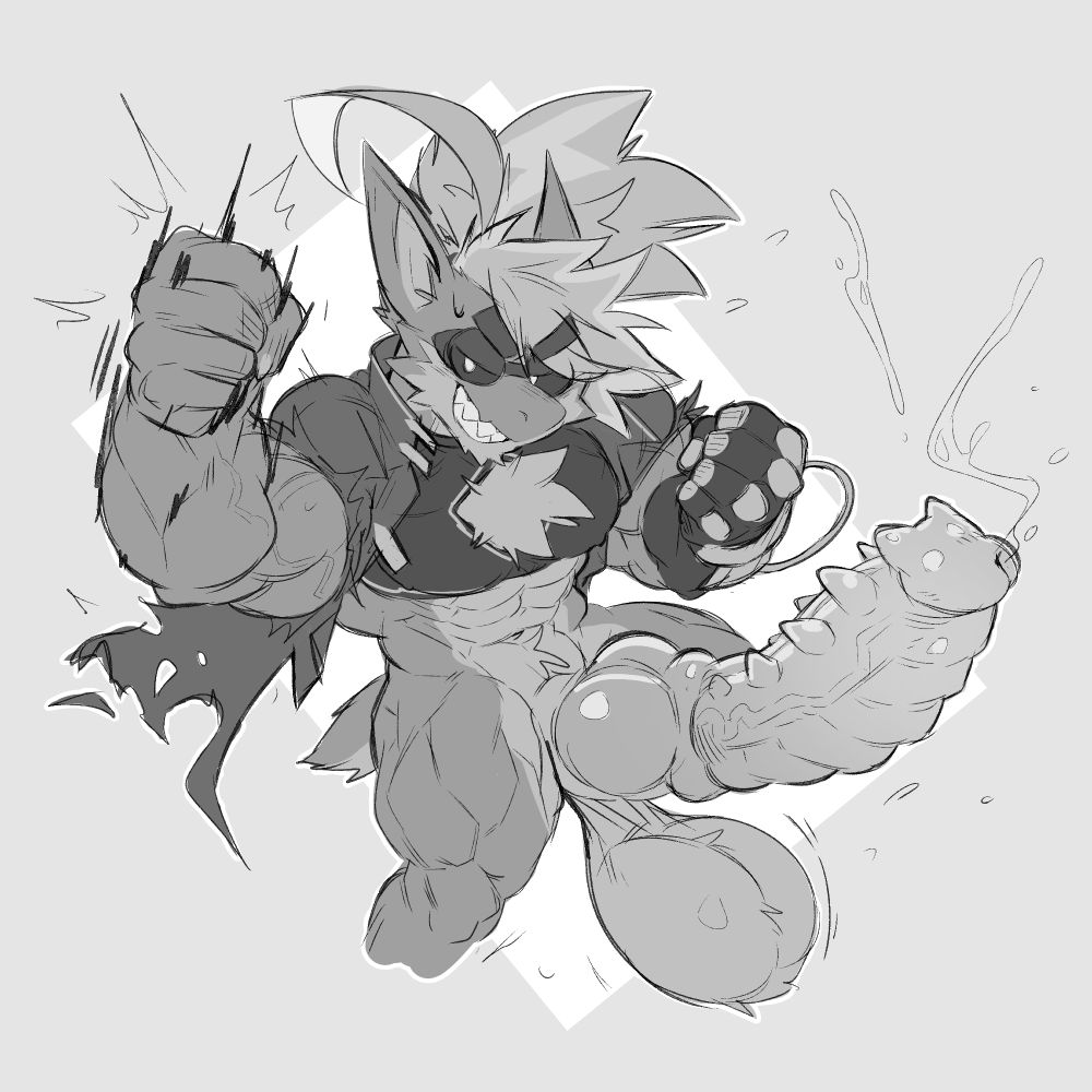 Picture of a gremlin from spiral knights, with clear muscles, a ripped coat, and a tech glove with a cable on it. He is doing a punch in the air, as his long hard cock spurts streams of pre into the air. His balls are also swinging around, and hes grinning at the viewer. This picture is monochrome.