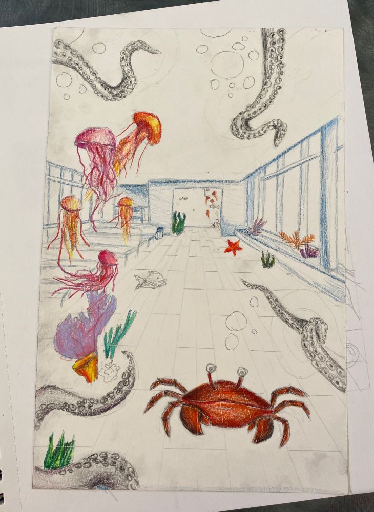 an in-process sketch of a school hallway that has been filled with sea creatures and tentacles that appear from the edges of the paper. 