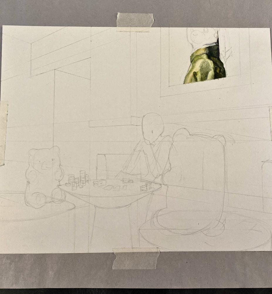 an in-process sketch of gummy bears sitting around a table on short stools, they are playing poker and large stacks of poker chips are on the table. above the game, a gummy bear version of vermeer's "girl with the pearl earring" is hung on the wall.
