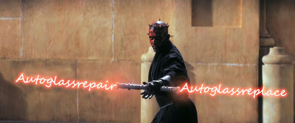 Darth Maul, in the infamous scene in 'The Phantom Menace', engaging the second part of his double-ended Lightsaber which reads 'Autoglass replace'