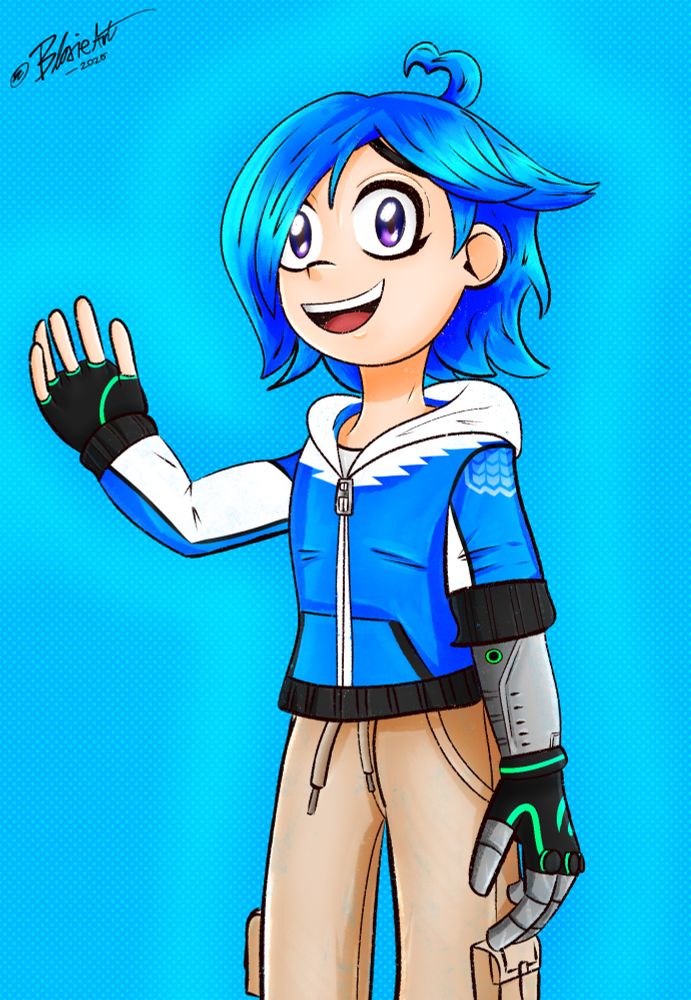 A girl with blue hair, a blue hoodie, beige pants and a cyborg arm waving behind a blue polka dot background