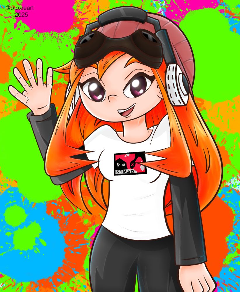A orange haired girl with a beanie, goggles, headphones wearing a white T shirt with grey sleeves and shorts waving behind a colourful splattered background