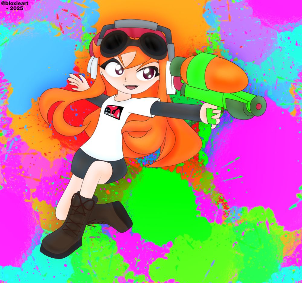Meggy jumping and holding her Splattershot