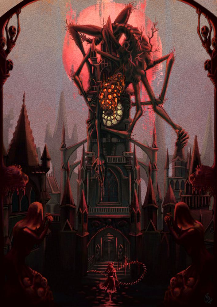 an image of the amygdala from Bloodborne on the clocktower. It's backlit by the red moon. At the bottom of the image is the silhouette of the hunter walking towards it. 