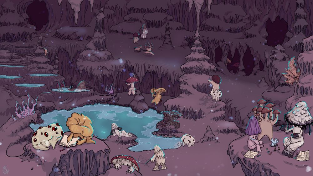 a cel shaded illustration of a dripstone cave with a pool of water in the middle. Small mushroom-based creatures are doing various activities, like playing dnd, reading a book, and creating art. 