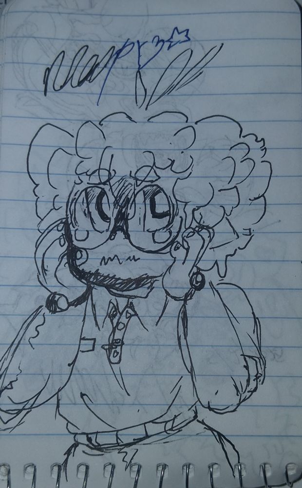 A fluffy hair enby with glasses and a tucked in shirt with a nametag, putting their hands on their face in nervous tears.