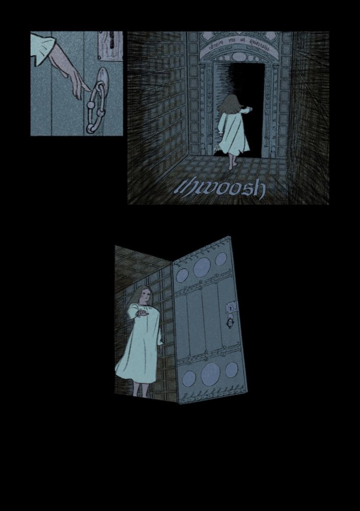 comic page of woman walking to a door that swings open into darkness