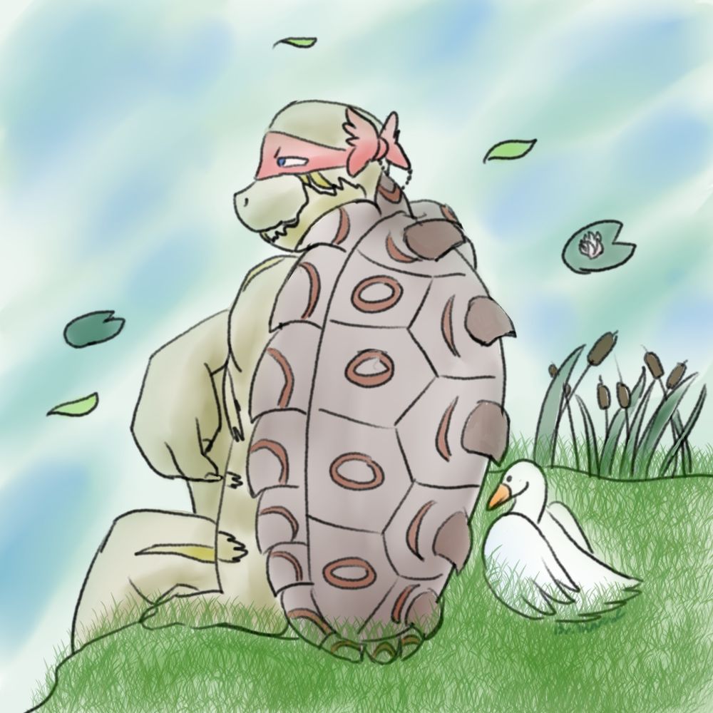 TTRPG/Turnipverse Raphael sitting beside the lake with duck on his side, them both looking out towards the water