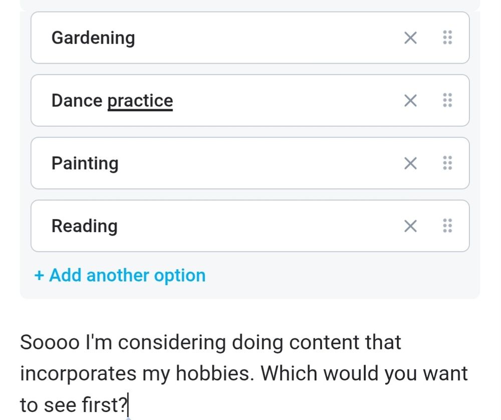 Screenshot of an OnlyFans poll.
The question reads: "Sooo I'm considering doing consent that incorporates my hobbies. Which would you want to see first?"
The response options are:
1. Gardening
2. Dance practice
3. Painting
4. Reading
