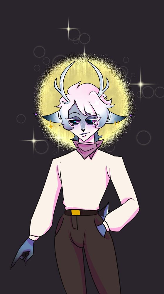 In a more stylized version of my usual art, is my oc vesper, a deer sinner.
He has a yellow circle around his head that looks like a halo in this pic 😇 