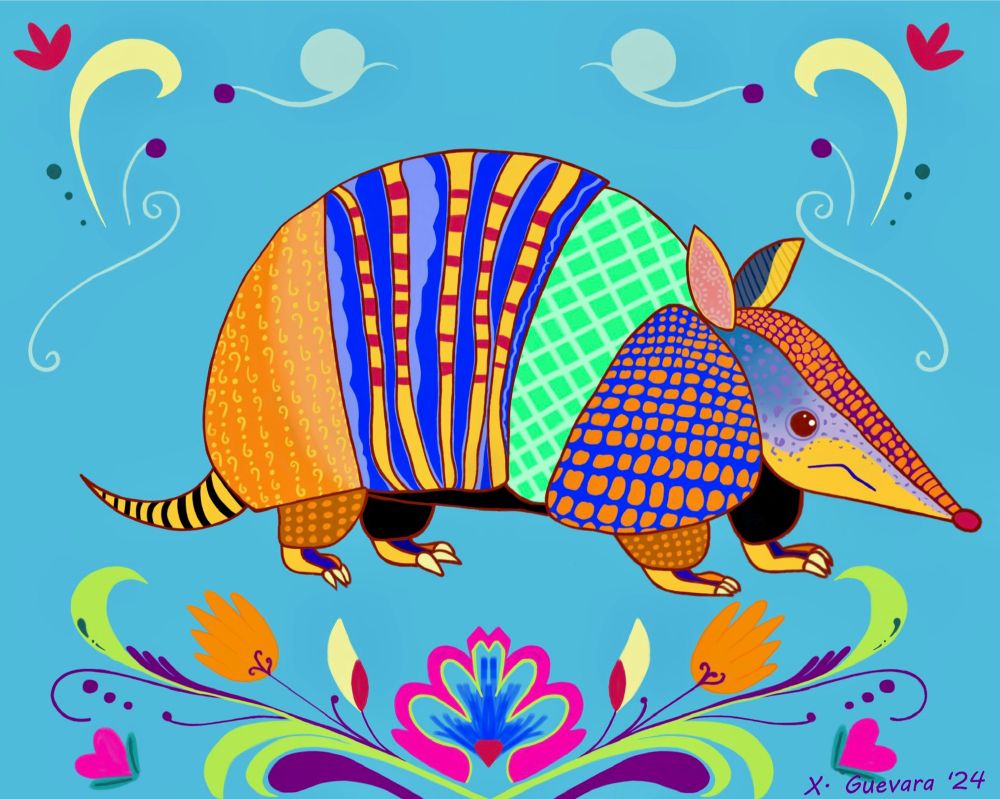 illustration of an armadillo with a colorful patterned shell. there are Latin embroidery motifs surrounding the armadillo.