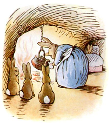 Rabbit [of Beatrix Potter] serving stew with three little kits looking on.