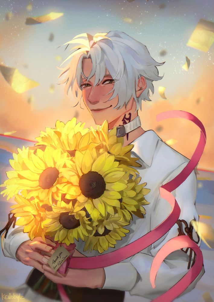 An illustration of Thancred from FF14 on the beach at sunset, smiling with elation, holding a bouquet of sunflowers with a note of thanks from the Scions. Minfilia's ribbon cascades from the flowers subtly spelling "3" and "9", also known as Thancred Day