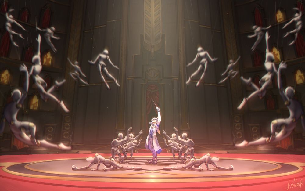 Sunday from Honkai Star Rail, center stage of Penacony's Grand Theater. Around him are mannequins crawling from the floor and reaching out to him. He is in the pose of an orchestral conductor, baton held above his head as he bathes in the spotlight. Around him are his "orchestra", mannequins being swung around the stage in elegant but dynamic poses. 