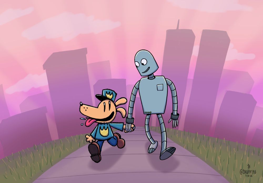 Robot from Robot Dreams and Dog Man holding hands on a walk. A city behind them shows some buildings from their universes.
