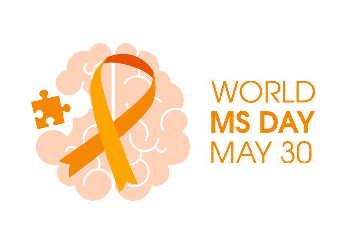 An orange ribbon and puzzle piece overlaid on an image of a brain with the text "World MS Day May 30"