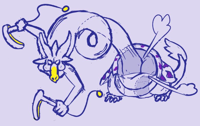 A fat ninja dragon balloooon that shoots its upper body forward like a twisty balloon and attacks with dual cosplay sickles