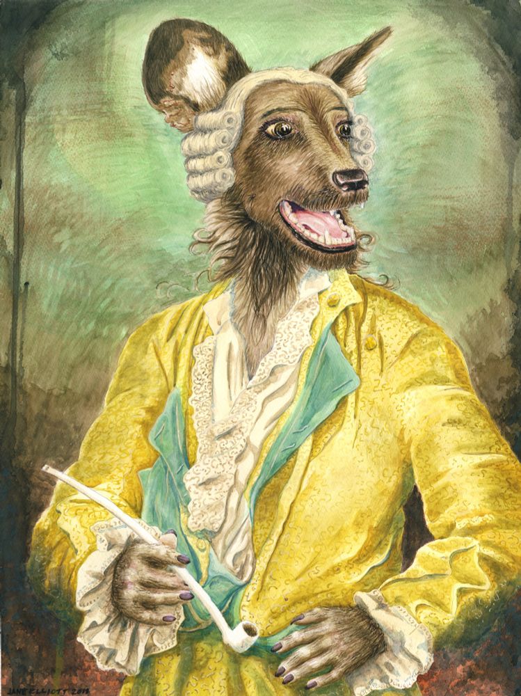 watercolor painting of a hyena dressed in a loose silk and satin shirt with lace at cuffs and collar wearing a curled and powdered wig and holding a long stemmed clay pipe.
