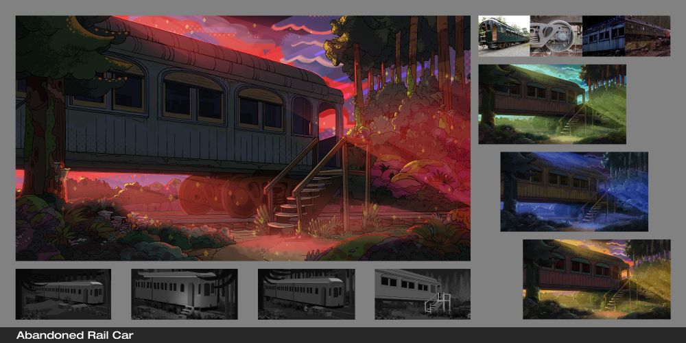 an abandoned rail car sits on the tracks. a blood red sky illuminates the scene of the murder ! #BackgroundArtist  #Animation #BackgroundArt #DigitalArt #Art #Illustration #DigitalPainting  #AnimationArt #BackgroundDesign #Artwork #VisualDevelopment #2DAnimation #ConceptArt