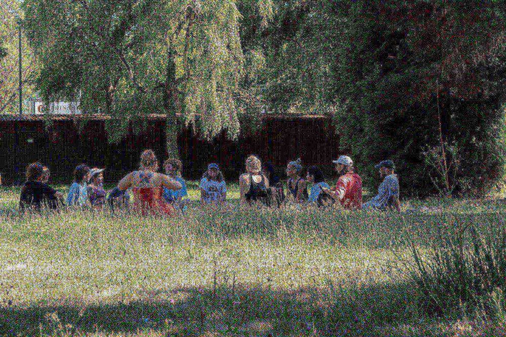 a group of people sitting in a grassy area