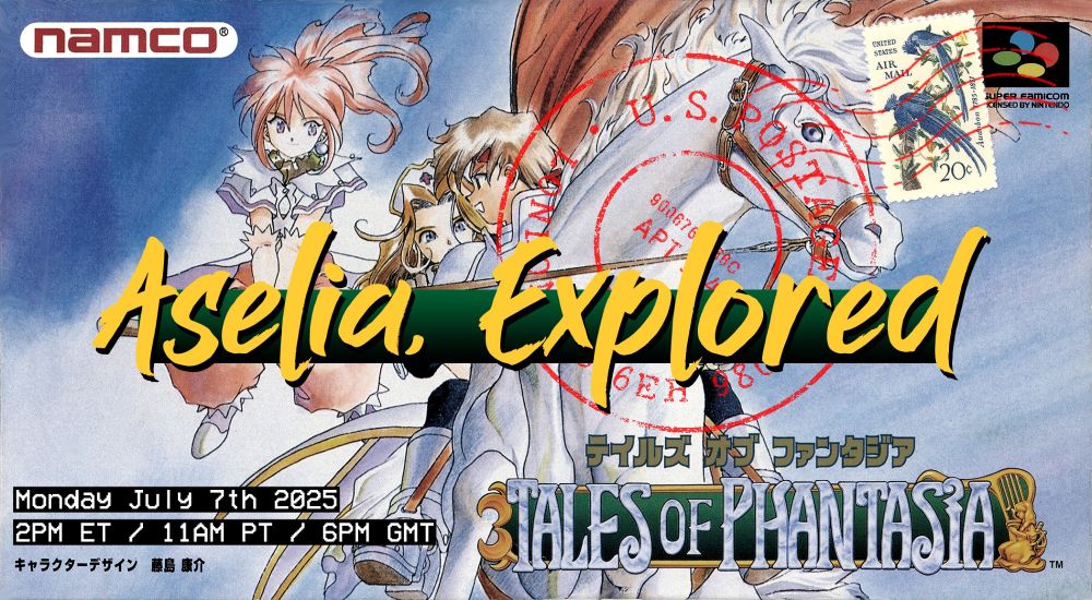 A postcard design, for "Aselia, Explored: Tales of Phantasia", my new longplay series on Monday July 7, 2025 at 2PM ET / 11AM PT / 6PM GMT at twitch.tv/rjaylee.