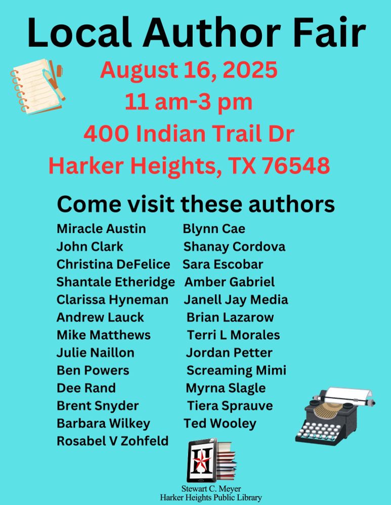 A list of authors who will be present at the Harker Heights Public Library's Local Author Fair.