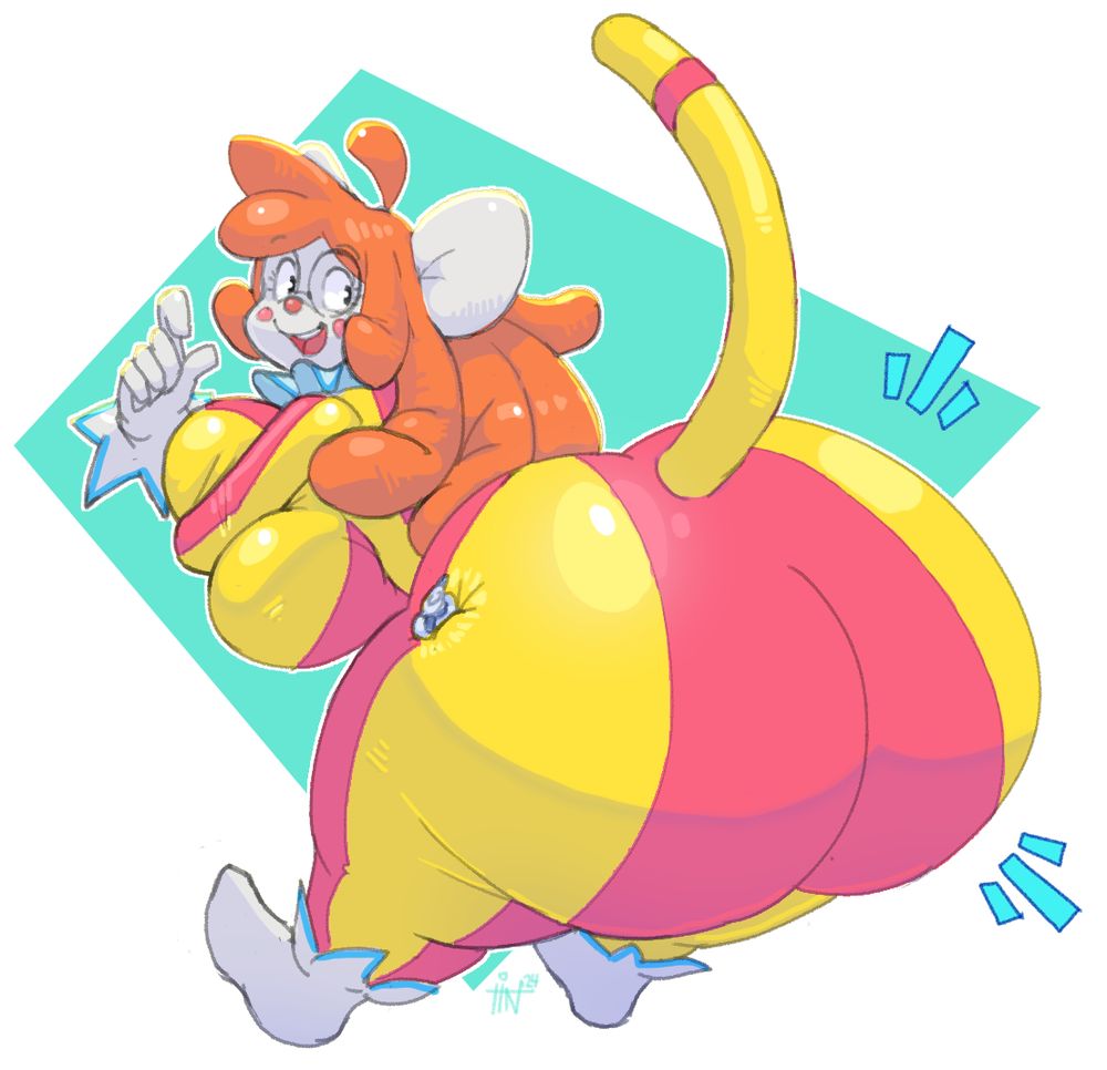 A colorful inflatable rubber clown mouse is showing off their inflated posterior to you, the viewer