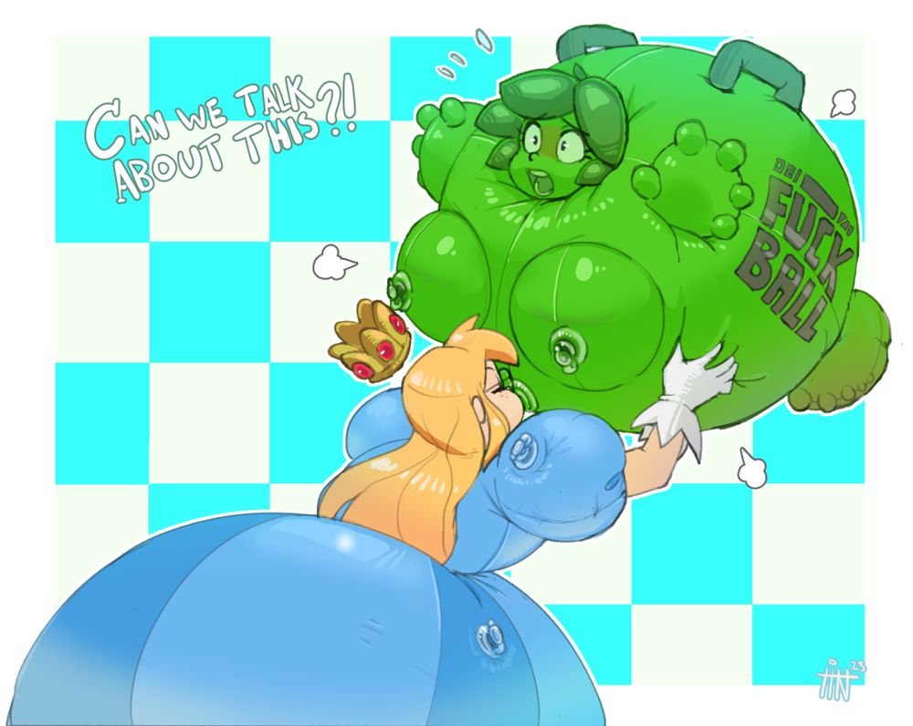 A balloon princess blows into her new human ball shaped toy.
The ball toy asks "Can we talk about this!?"