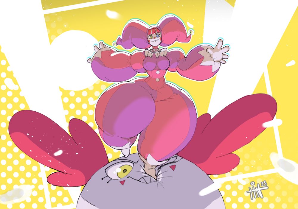 The enigmatic balloon Jester, Nits -- wearing an inflatable jester outfit, stands on a balloon that is in the shape of her face.
