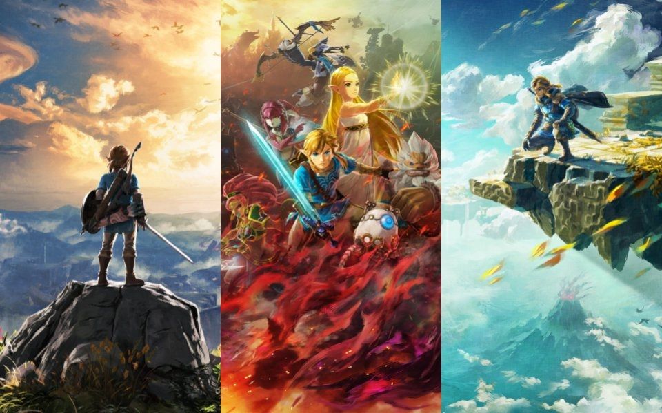 Breath of the Wild, Age of Calamity, and Tears of the Kingdom box arts side by side.