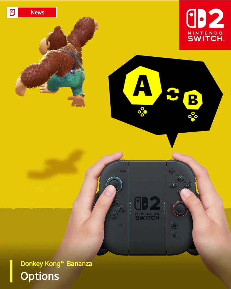 Visual instructions on changing the jump controls for Donkey Kong: Bananza, demonstrated with the Joy-Cons 2 and Donkey Kong jumping in the background. The instructions indicate that the setting can be accessed via Options.