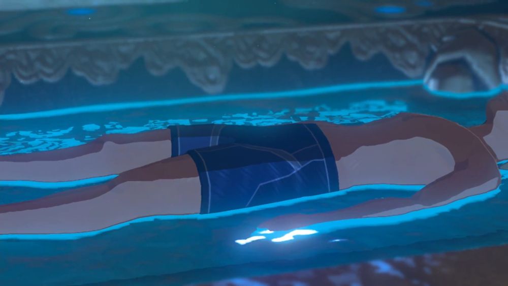 Link laying down on the Shrine of Resurrection as the waters recede.