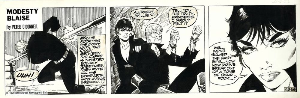 Enric Badia Romero original art for the 1977 Modesty Blaise series "The Junk Men" (#4225) via  href="https://www.catawiki.com/en/l/97017547-enric-badia-romero-1-original-page-modesty-blaise-strip-4225-1977