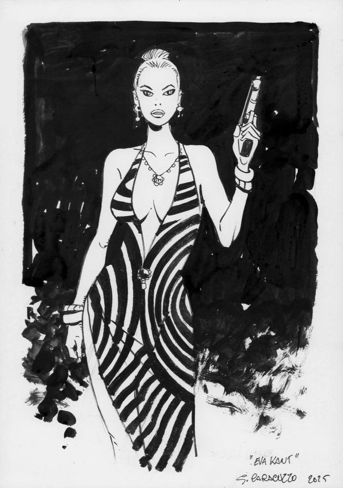 An Eva Kant illustration by Giancarlo Caracuzzo, a character from the Italian series, Diabolik, via https://www.catawiki.com/en/l/96954362-caracuzzo-giancarlo-1-original-colour-drawing-eva-k-eva-kant-2025