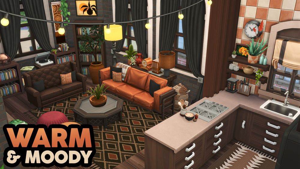 Apartment with dark wood, an orange couch, and lots of patterns. Text that reads "Warm & Moody"