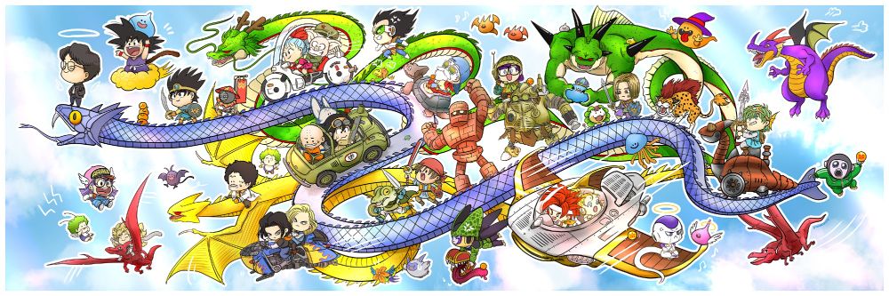 chibi Akira Toriyama riding the head of snake way trailed along by various characters from Dragon Ball, Chrono Trigger, Dr. Slump, and Dragon Quest. 