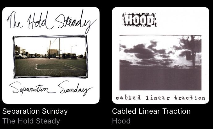 Two album covers - Separation Sunday by The Hold Steady and Cabled Linear Traction by Hood - that both feature a desaturated photograph framed against a white background, with the band name above and the record’s title below